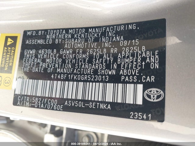 Toyota CAMRY LE 2016 4T4BF1FK0GR523013 Image 9