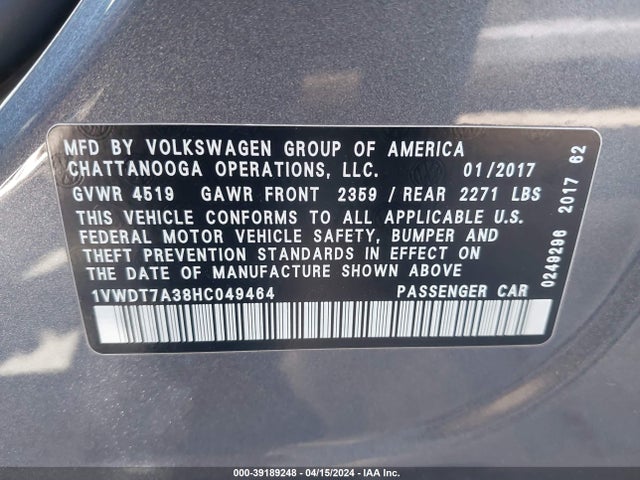 1VWDT7A38HC049464 Volkswagen Passat 1.8t R-line