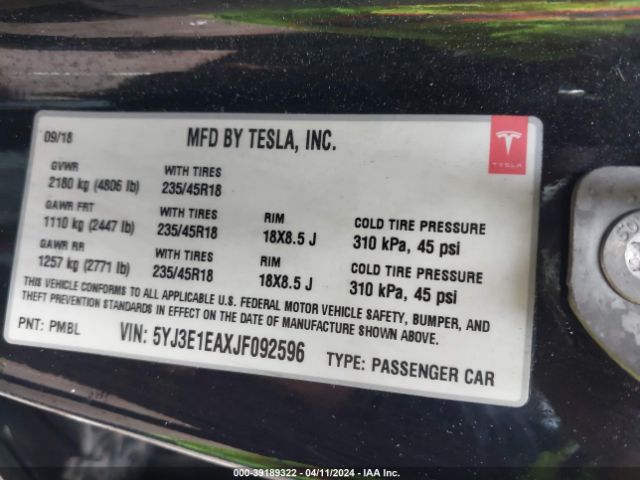5YJ3E1EAXJF092596 Tesla Model 3 Long Range/mid Range