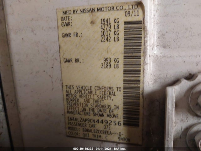 Aukcja sprzedaży 2012 Nissan Altima 2.5 S, vin: 1N4AL2AP9CN449256, numer aukcji: 39189332