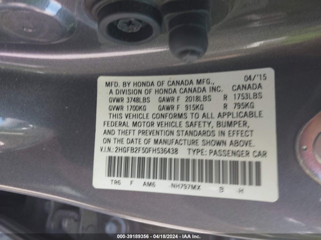 Honda Civic Lx 2015 2HGFB2F50FH536438 Image 9