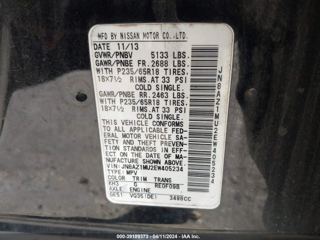 Nissan MURANO S 2014 JN8AZ1MU2EW405234 Image 9