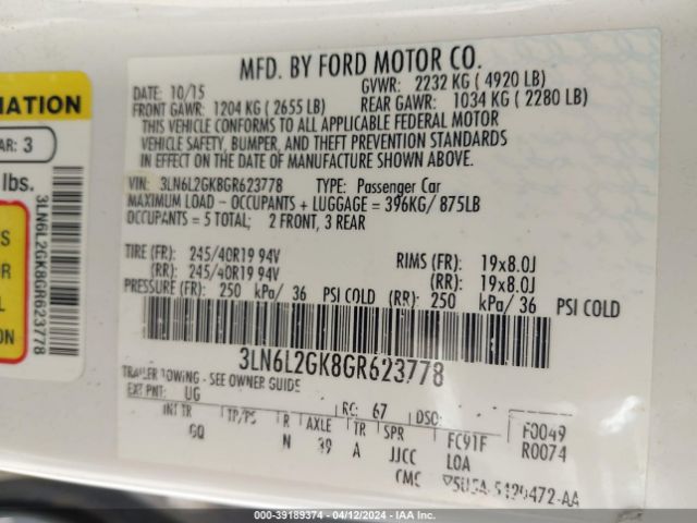 3LN6L2GK8GR623778 Lincoln MKZ