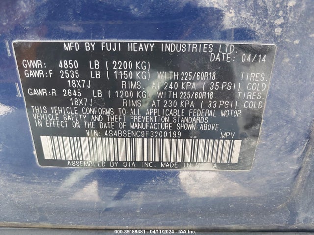 Subaru Outback 3.6r Limited 2015 4S4BSENC9F3200199 Image 9