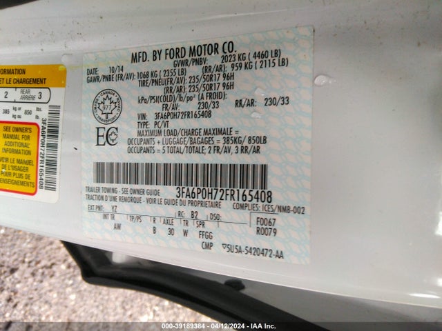 Ford FUSION SE 2015 3FA6P0H72FR165408 Image 9