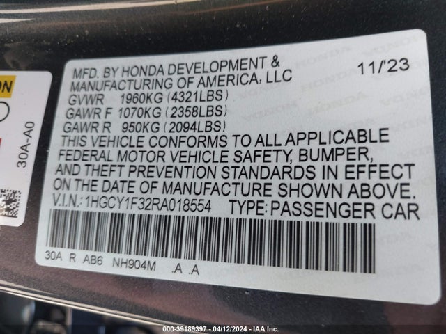 Honda ACCORD EX 2024 1HGCY1F32RA018554 Image 9