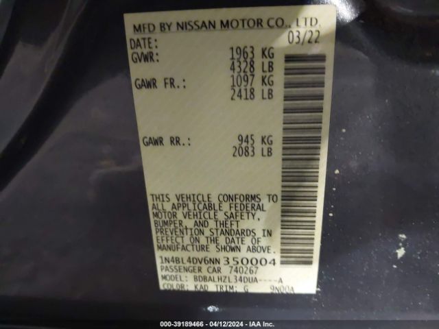 1N4BL4DV6NN350004 Nissan Altima Sv Fwd