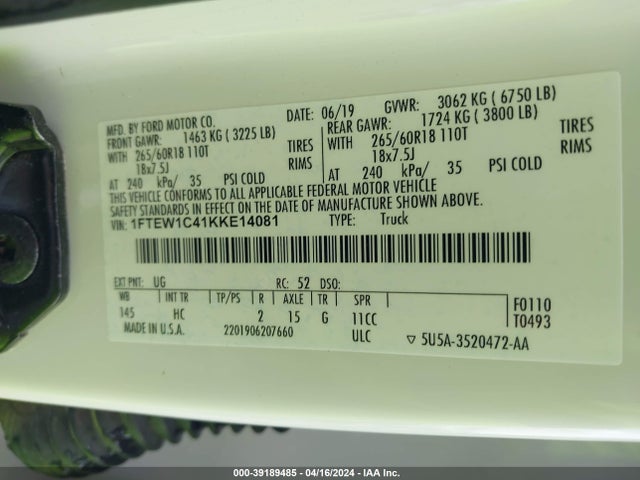 Ford F-150 Lariat 2019 1FTEW1C41KKE14081 Image 9