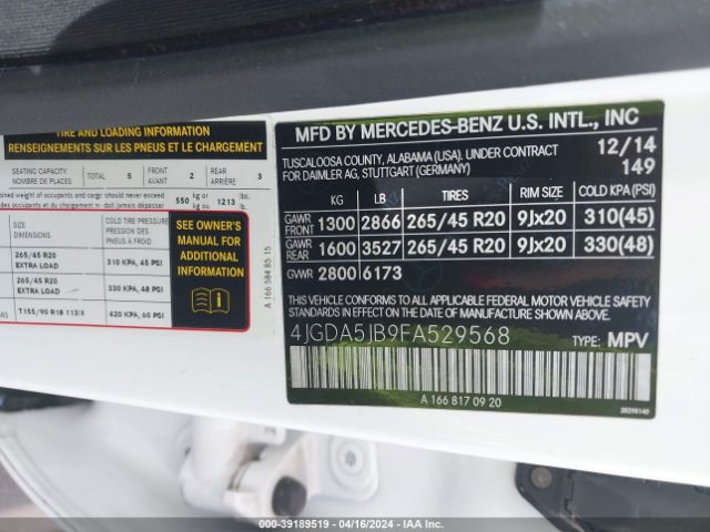4JGDA5JB9FA529568 Mercedes-Benz ML 350