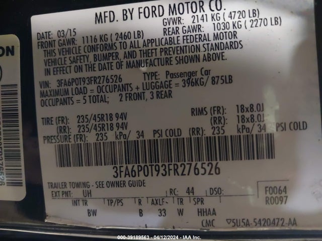Ford FUSION SE 2015 3FA6P0T93FR276526 Image 9