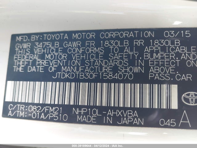 Toyota Prius C Two 2015 JTDKDTB30F1584070 Image 9