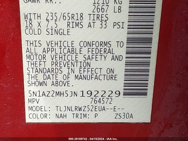 Nissan MURANO SL 2018 5N1AZ2MH5JN192229 Image 9