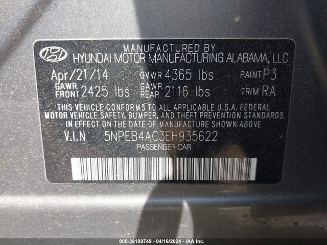 Hyundai SONATA GLS 2014 5NPEB4AC3EH935622 Image 9