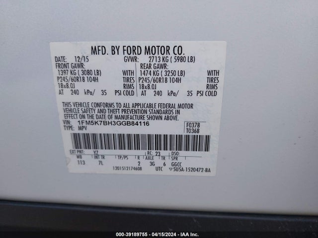 Ford Explorer 2016 1FM5K7BH3GGB84116 Image 9