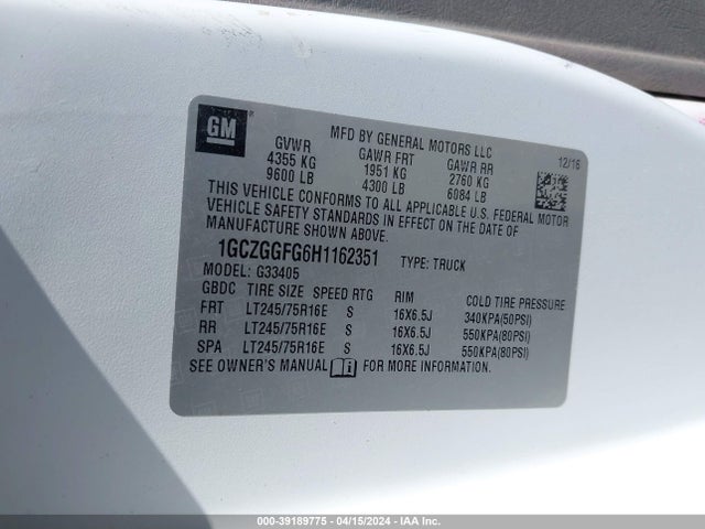Продаж на аукціоні авто 2017 Chevrolet Express 3500 Work Van, vin: 1GCZGGFG6H1162351, номер лоту: 39189775