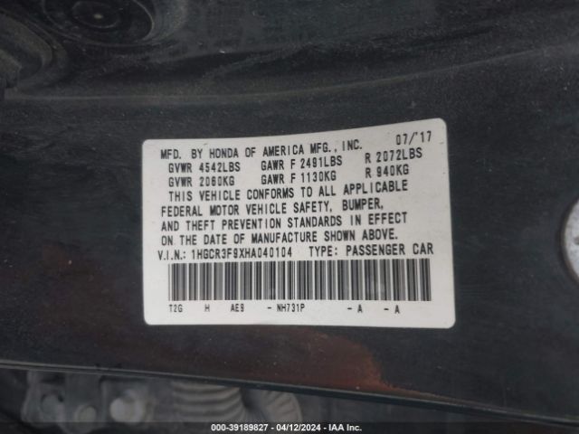 1HGCR3F9XHA040104 Honda Accord Touring V6