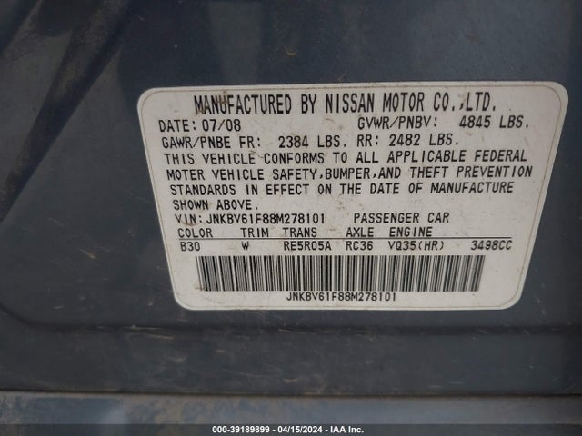 39189899 :رقم المزاد ، JNKBV61F88M278101 vin ، 2008 Infiniti G35x مزاد بيع