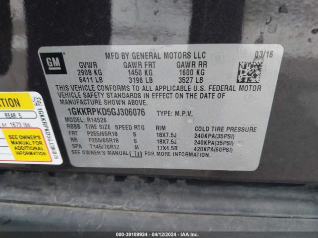 1GKKRPKD5GJ306076 GMC Acadia Sle-2