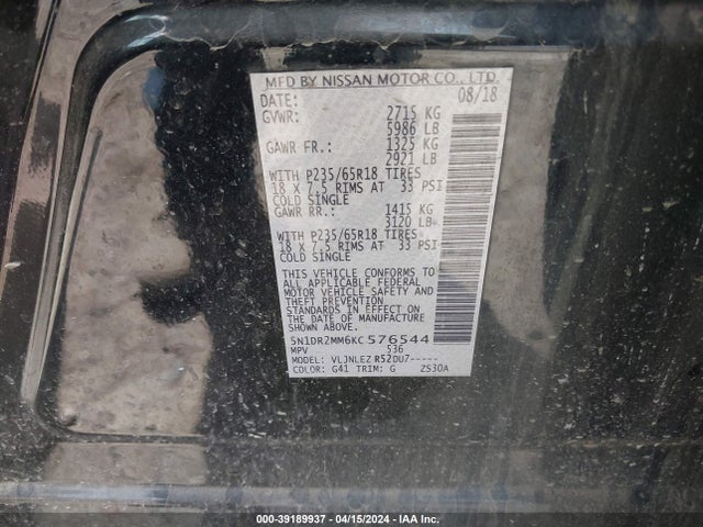 Nissan Pathfinder Sv 2019 5N1DR2MM6KC576544 Image 9