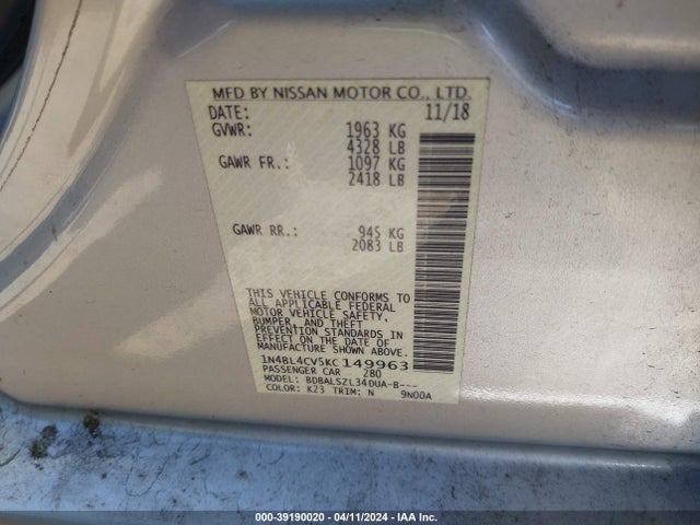 Nissan Altima 2.5 Sr 2019 1N4BL4CV5KC149963 Image 9