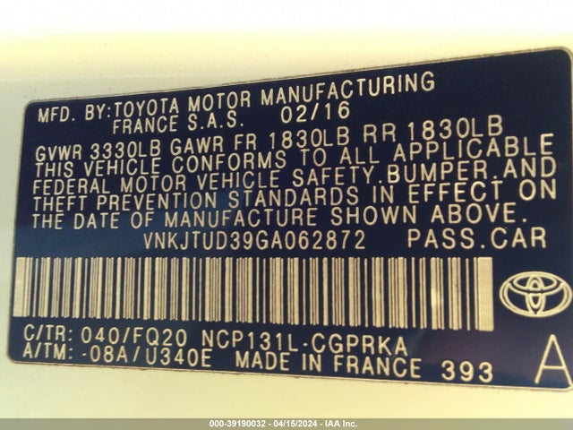 VNKJTUD39GA062872 Toyota YARIS L
