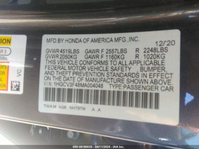 1HGCV3F48MA004048 Honda Accord Hybrid Ex