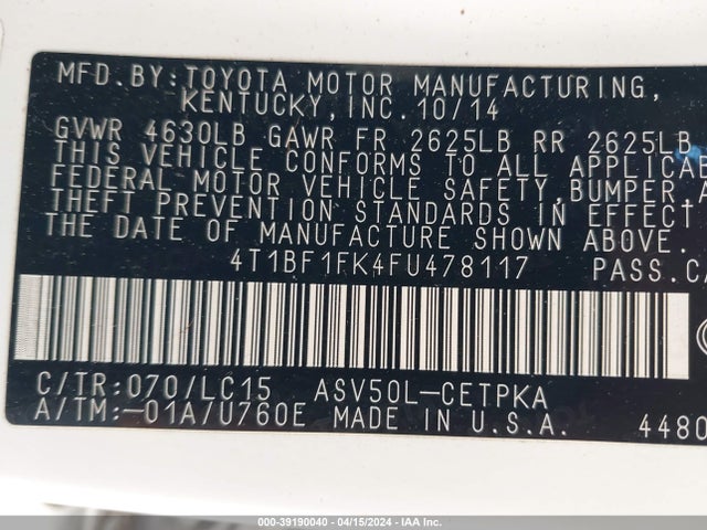Toyota CAMRY XSE 2015 4T1BF1FK4FU478117 Image 9