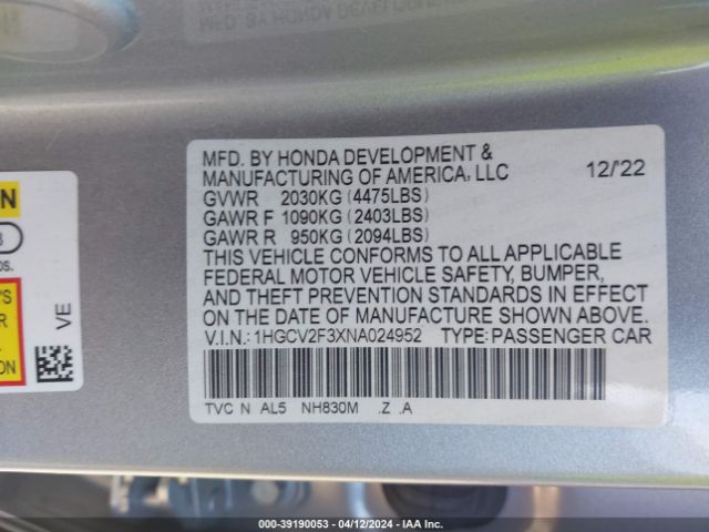 1HGCV2F3XNA024952 Honda Accord Sport 2.0t