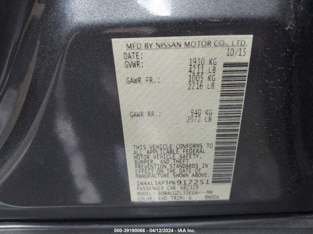 Nissan Altima 2.5 S 2015 1N4AL3AP3FN917251 Image 9