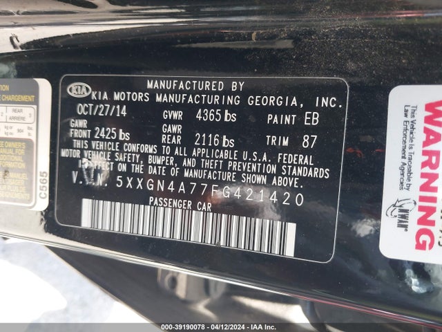 KIA OPTIMA EX 2015 5XXGN4A77FG421420 Image 9