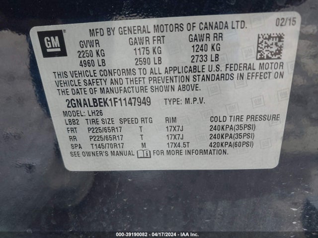 Chevrolet EQUINOX 1LT 2015 2GNALBEK1F1147949 Image 9
