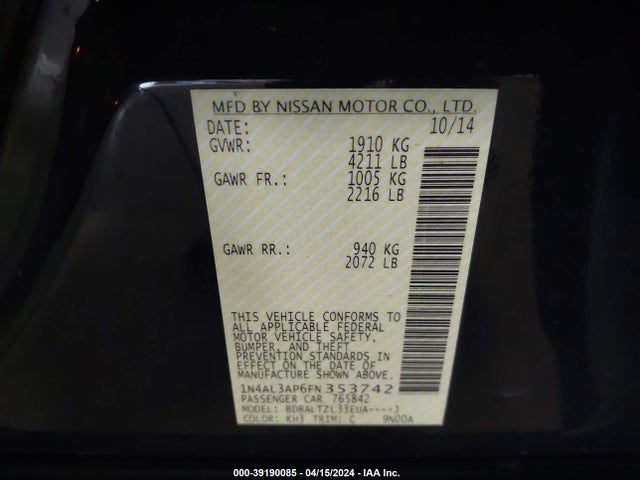 Nissan Altima 2.5 Sl 2015 1N4AL3AP6FN353742 Image 9