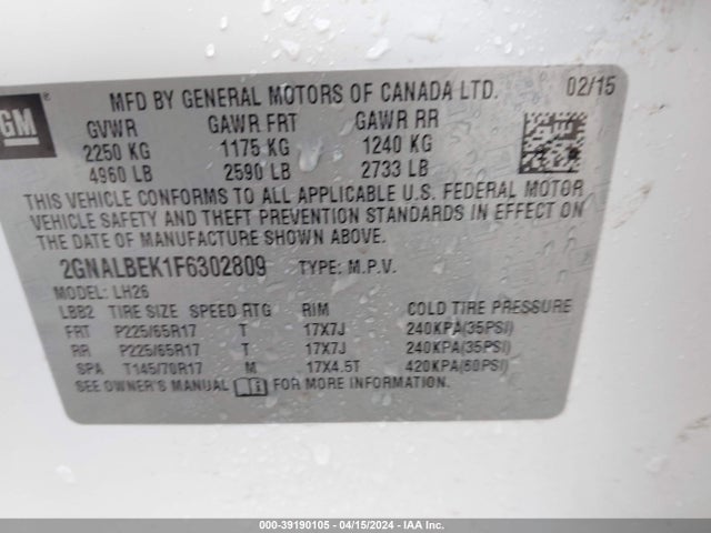 Chevrolet EQUINOX 1LT 2015 2GNALBEK1F6302809 Image 9