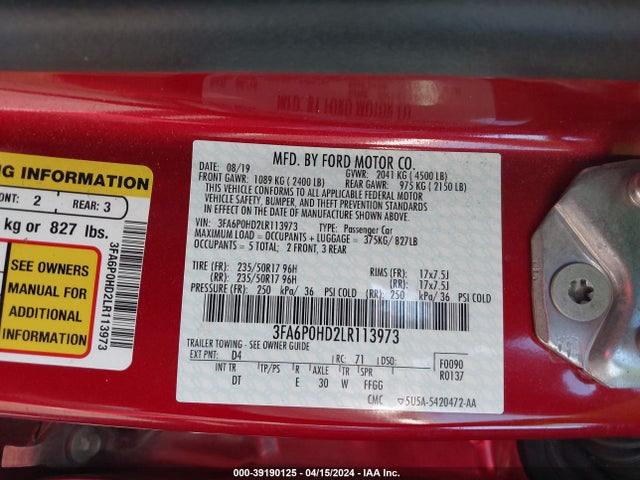 Ford FUSION SE 2020 3FA6P0HD2LR113973 Image 9