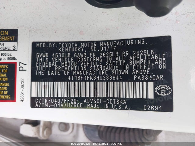 Toyota CAMRY SE 2017 4T1BF1FK8HU388844 Image 9