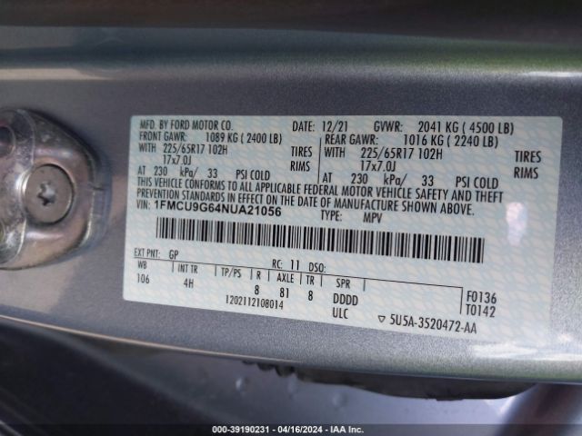 1FMCU9G64NUA21056 Ford ESCAPE SE