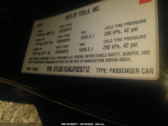 5YJ3E1EA0JF020712 Tesla Model 3 Long Range/mid Range