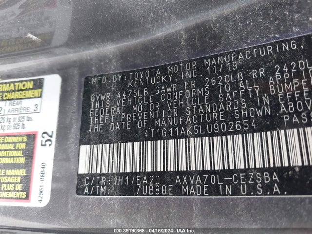 Toyota CAMRY SE 2020 4T1G11AK5LU902654 Image 9