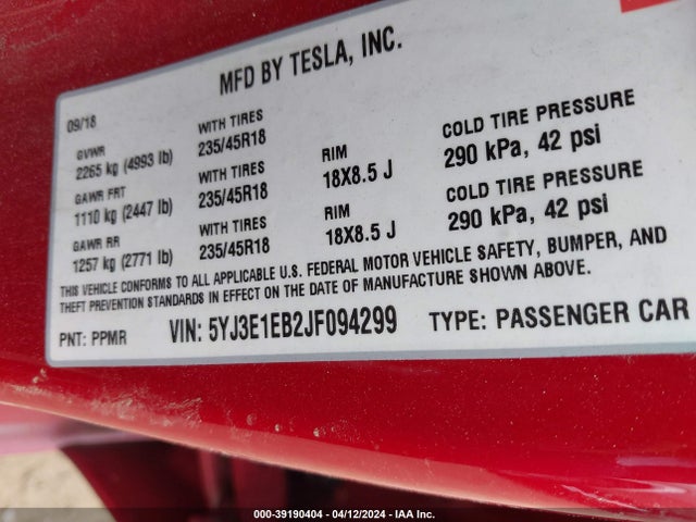 Tesla Model 3 Long Range/performance 2018 5YJ3E1EB2JF094299 Image 9