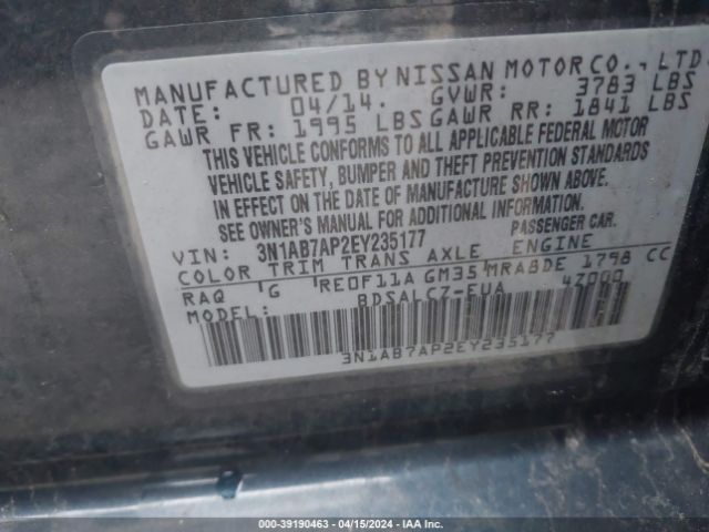 3N1AB7AP2EY235177 Nissan Sentra Fe+ S