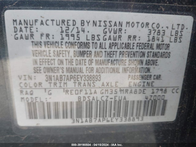 Nissan SENTRA S 2014 3N1AB7AP6EY338893 Image 9