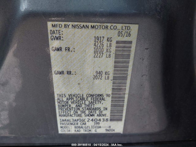 Nissan Altima 2.5 S 2016 1N4AL3AP1GC240438 Image 9