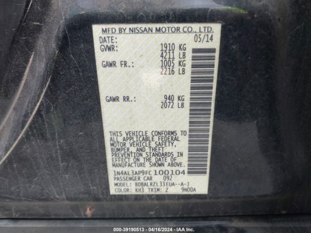 1N4AL3AP9FC100104 Nissan Altima 2.5 Sl