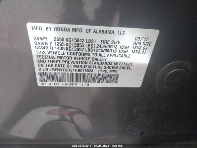 5FNYF6H31HB078528 Honda Pilot Ex