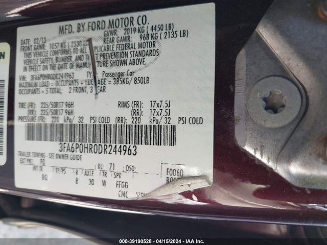 2013 Ford Fusion Se მანქანა იყიდება აუქციონზე, vin: 3FA6P0HR0DR244963, აუქციონის ნომერი: 39190528