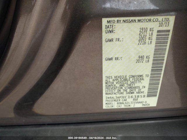 Nissan Altima 2.5 Sl 2014 1N4AL3AP3EC163858 Image 9