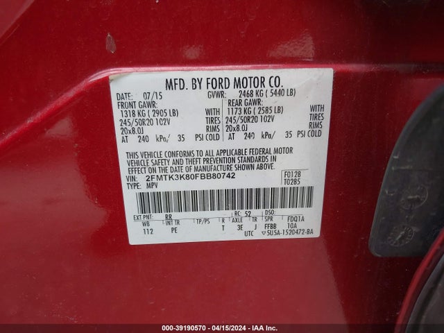Ford Edge Titanium 2015 2FMTK3K80FBB80742 Image 9