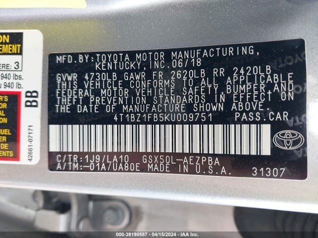 Toyota AVALON LIMITED 2019 4T1BZ1FB5KU009751 Image 9