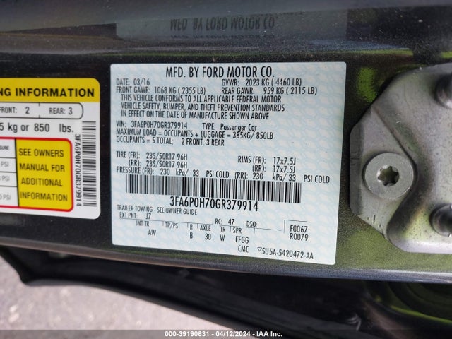 Ford FUSION SE 2016 3FA6P0H70GR379914 Image 9