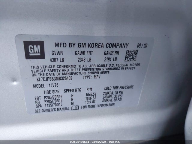 Chevrolet Trax Awd Lt 2021 KL7CJPSB3MB326402 Image 9